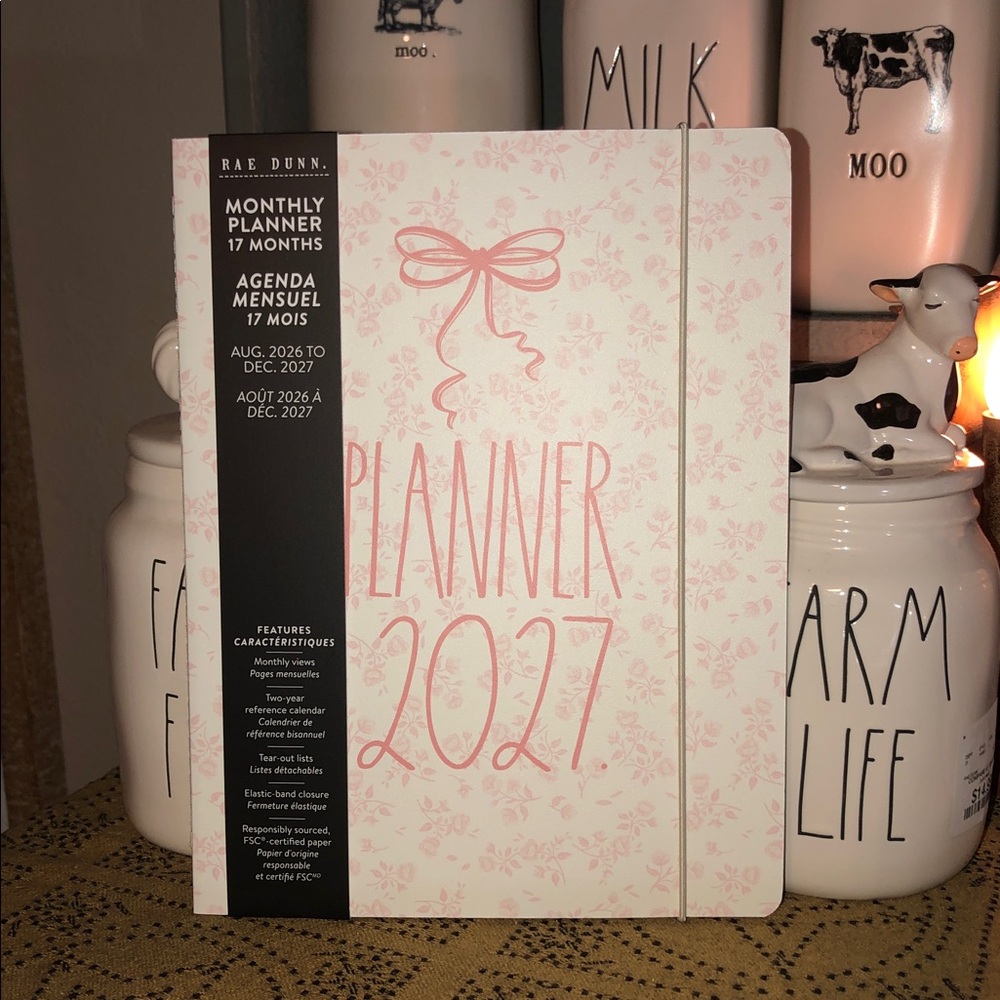 Rae Dunn PLANNER 2027. 17 Month Planner with Pink Bow and Flowers Design